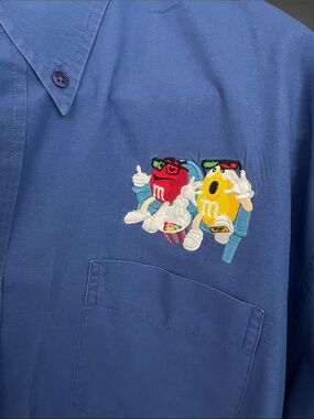 Port Authority Blue Button-Down Shirt with Colorful Embroidered M&M characters